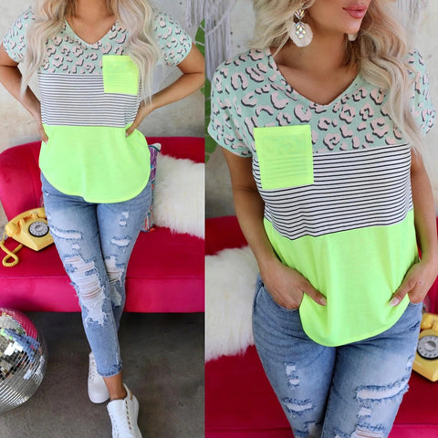 Striped Print Round Neck Pocket Stitching Casual Top