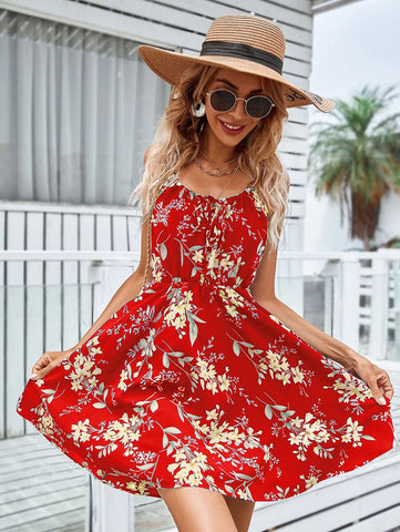 Floral Print Suspender Dress With Elastic Waist Summer Dress