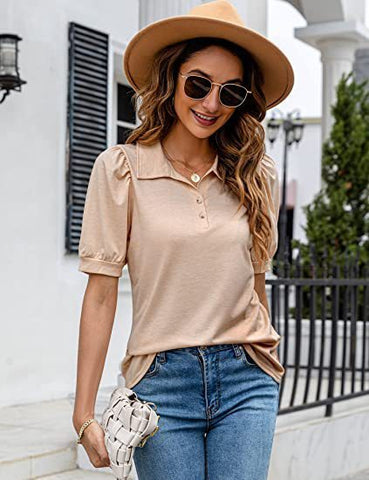 Polo Shirt Button Down Neck Puff Sleeve Loose Top