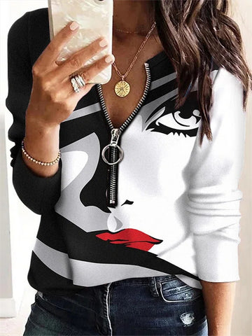 Geometric Abstract Long Sleeve Zipper Sweater Pullover