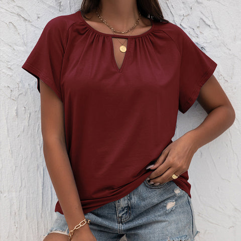 Women's New Round Neck Loose Hollow Short Sleeve Top