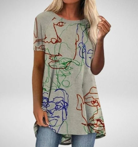 Graffiti Print Short-Sleeved Round Neck Tunic Top