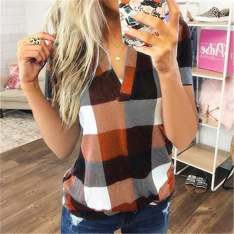 Plaid Printed V-Neck Short-Sleeved Top