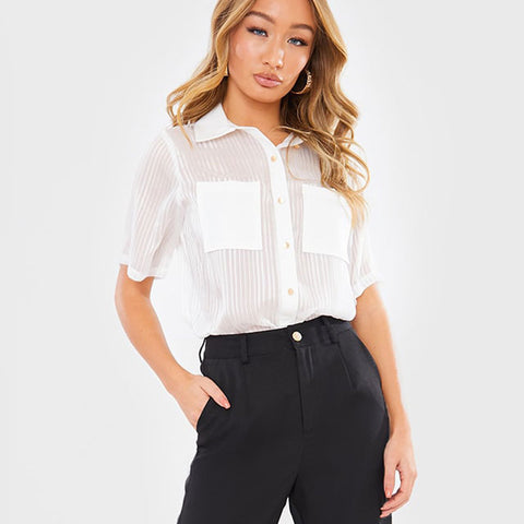 Chiffon Striped Short Sleeve Shirt with Pocket