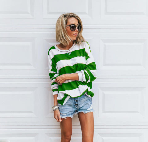 Women's Loose Round Neck Long Sleeve Printed Striped Top