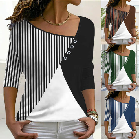 V Neck Striped Contrast Print Loose Top