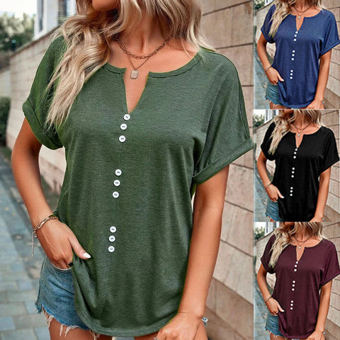 Button Front V-neck Short Sleeve Top