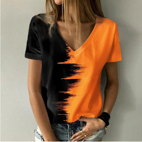 Two Color Print V-Neck Short Sleeve T-Shirt Top