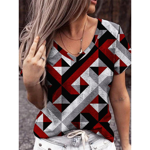 Geometric Print V-Neck Short Sleeve Top