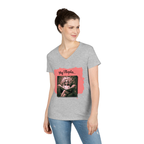 Ladies' V-Neck T-Shirt - Reading - Happy Vibes