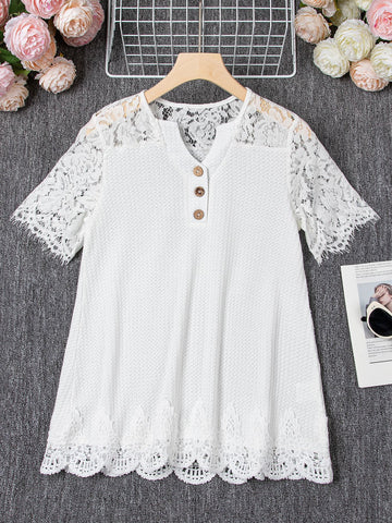 Plus Size Women's Knitted Lace Stitching Lace Short-sleeved Top