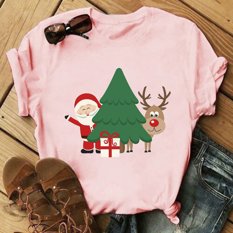 Christmas Print Ladies Short Sleeve Top