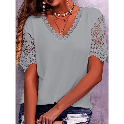 Lace Accent Women V-Neck Short Sleeve Top