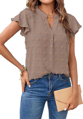 Women V Neck Ruffle Short Sleeve Blouse