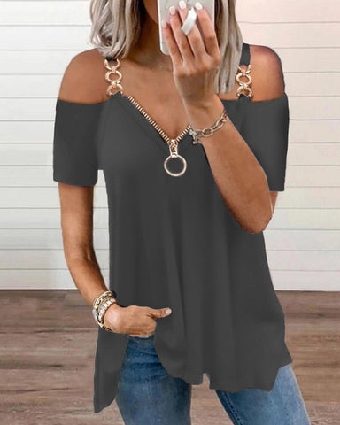 Metal Loop Strap Zippered Off Shoulder Top