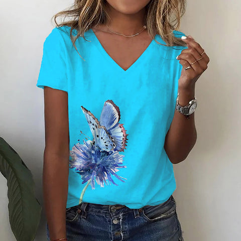 Fashion Butterfly Print V-neck Short Sleeve Top