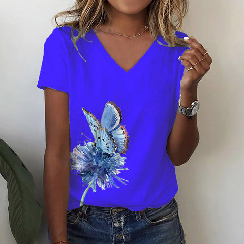 Fashion Butterfly Print V-neck Short Sleeve Top