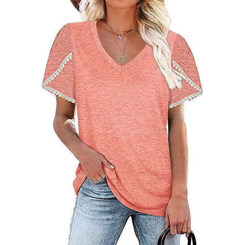 Lace Border V-Neck Short-Sleeved Shirt