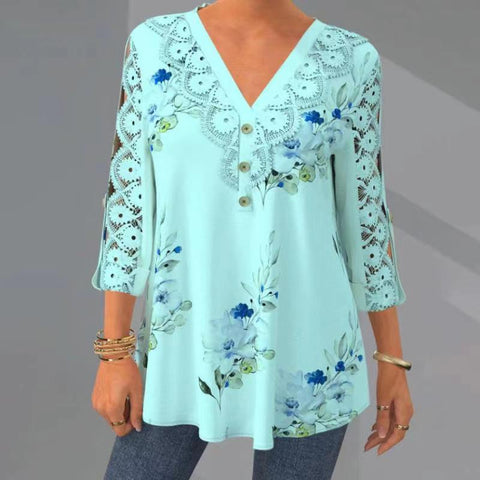 Lace V-Neck Loose Three-quarter Sleeve Casual Top