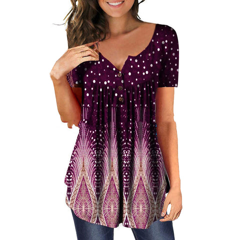 Polka Dot and Flower Print  Women's Short Sleeve Tunic