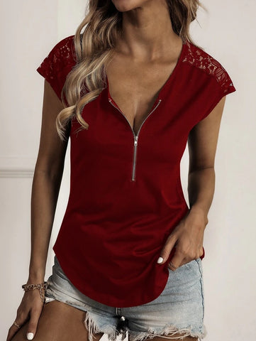 Round Neck Half Zip Panel Lace Short Sleeve Top