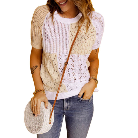 Color-blocking Knitted Sweater Short-sleeved Top