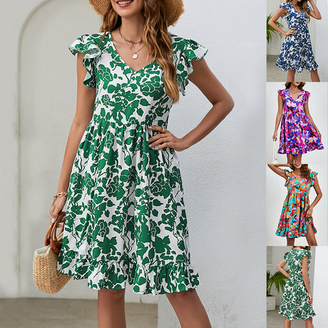 Leaf Print V-neck Ruffled Sleeveless A-Line Dress