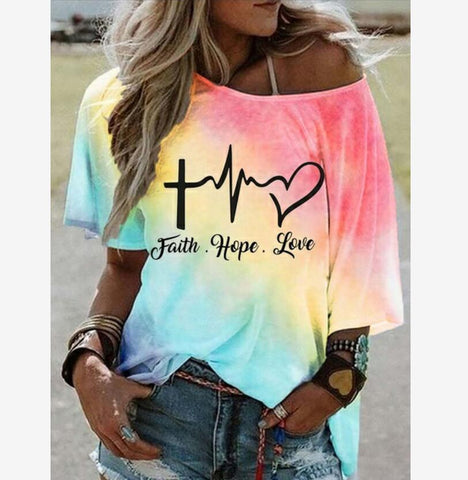 Faith Hope Love Tie Dye Gradient Loose T-Shirt Top