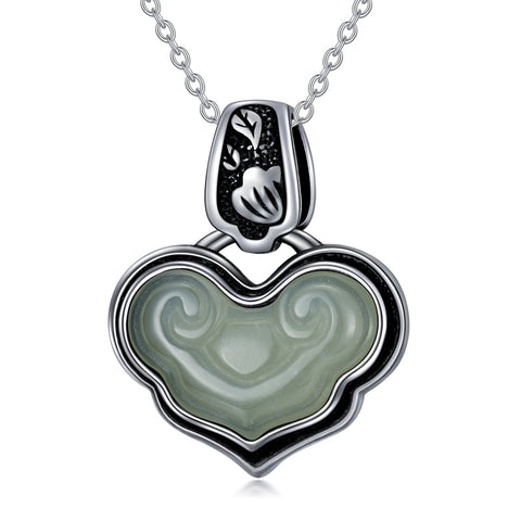 Vintage Heart Jade Pendant Necklace Sterling Silver Boho Antique