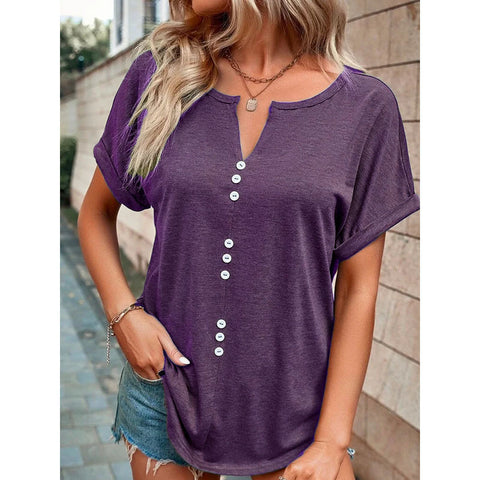 Button Front V-neck Short Sleeve Top