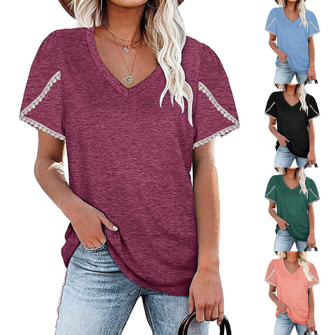 Lace Border V-Neck Short-Sleeved Shirt