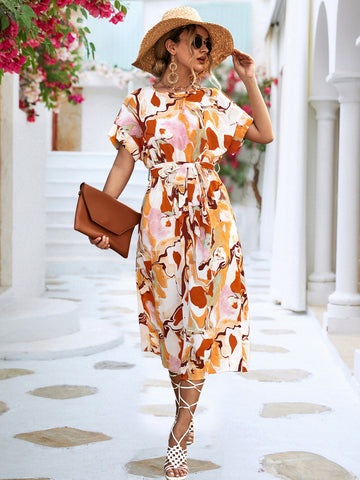 Summer Print Short-sleeved Lace-up A-line Long Dress