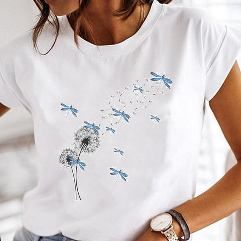 Dragonfly Round Neck Loose Creative Colorful Top