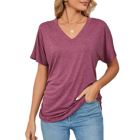 Leisure Pullover V-neck Solid Color Loose T-shirt