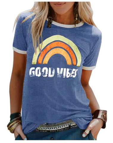 Fashion Rainbow Good Vibes Crew Neck Short Sleeve Top