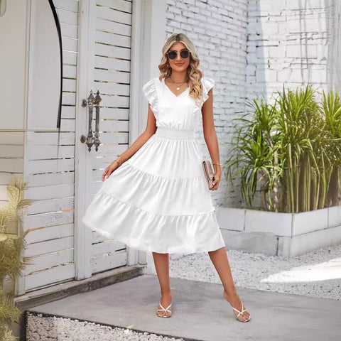 Ruffled Sleeveless V-Neck, Elastic Waist A-Line Summer Dress