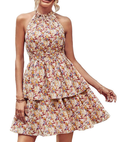 Summer Print Halter,Backless Ruffled A-Line Beach Dress