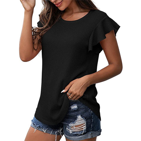 Waffle Solid Color Short Sleeve Round Neck Ruffle Sleeve Top