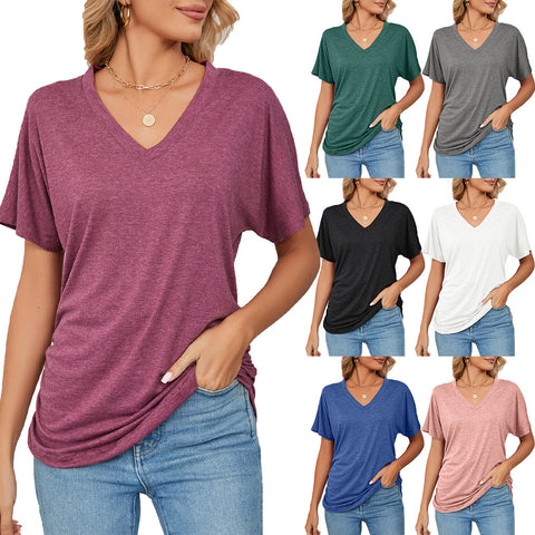 Leisure Pullover V-neck Solid Color Loose T-shirt