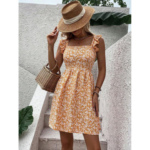 Summer Square-neck Ruffled Sleeveless Dress With Bow-tie Backless Design, Casual Holiday Beach Dress