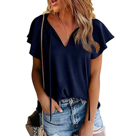 Pure Color Casual V-neck Chiffon Loose And Simple Top