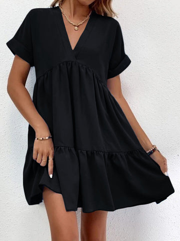 Short-sleeved V-neck Dress Summer Casual Sweet Ruffled Dress