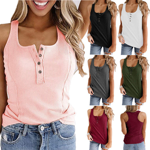 Solid Color Button Sleeveless Tank Top