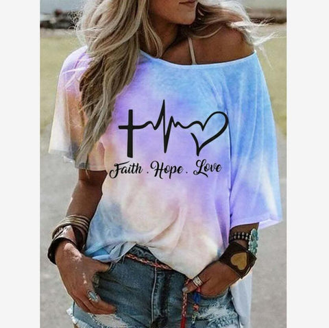 Faith Hope Love Tie Dye Gradient Loose T-Shirt Top