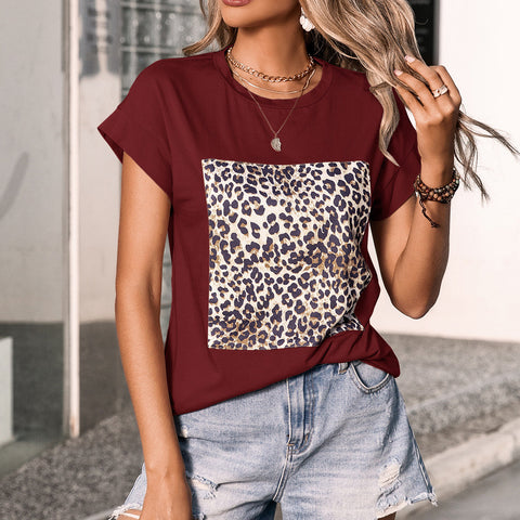 Women's Leopard Print Joint Round Collar Top