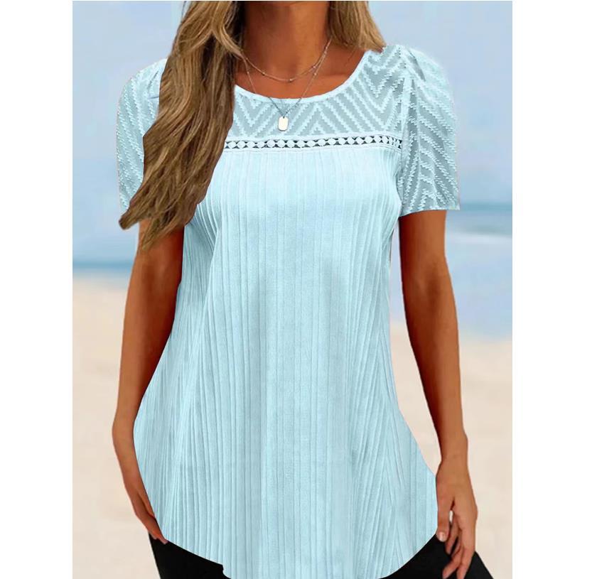 Round Neck Lace Patchwork Short-sleeved Top