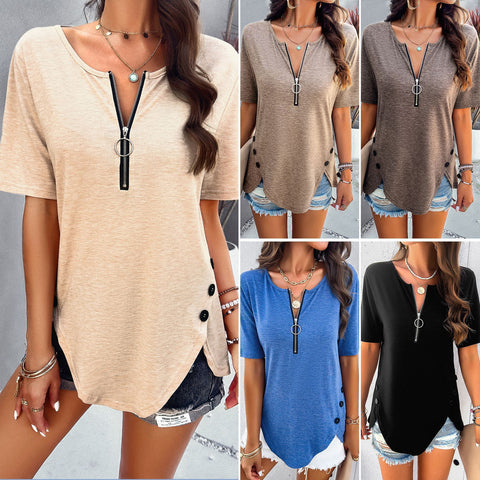 Zip Front Solid Color Short-sleeved Top