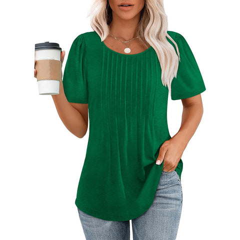 Pleated Round Neck Short-sleeved Women's Top