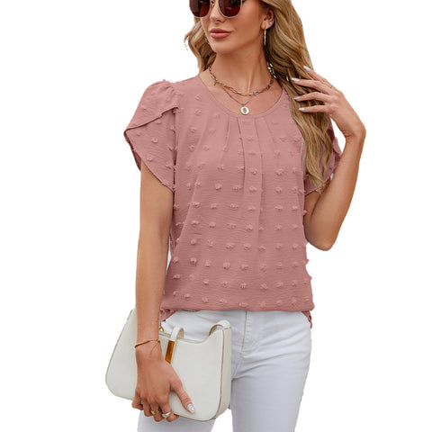 Jacquard Round Neck Petal Sleeve Pom Pom Chiffon Top