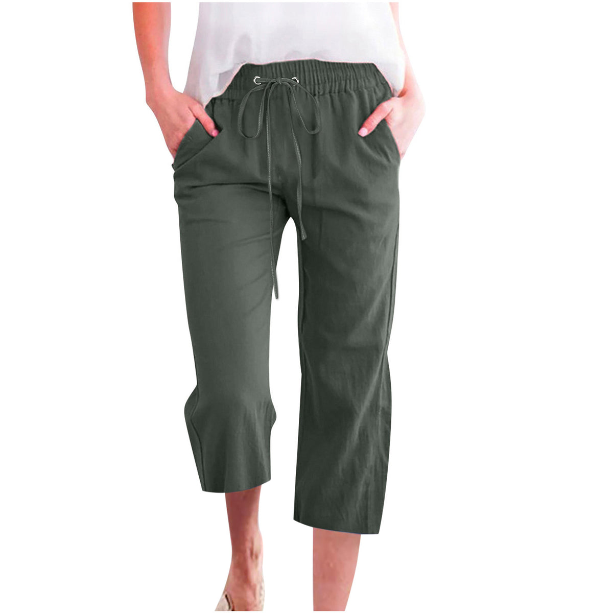 Solid Color Drawstring Cotton And Linen Casual Loose Straight Pocket Pants